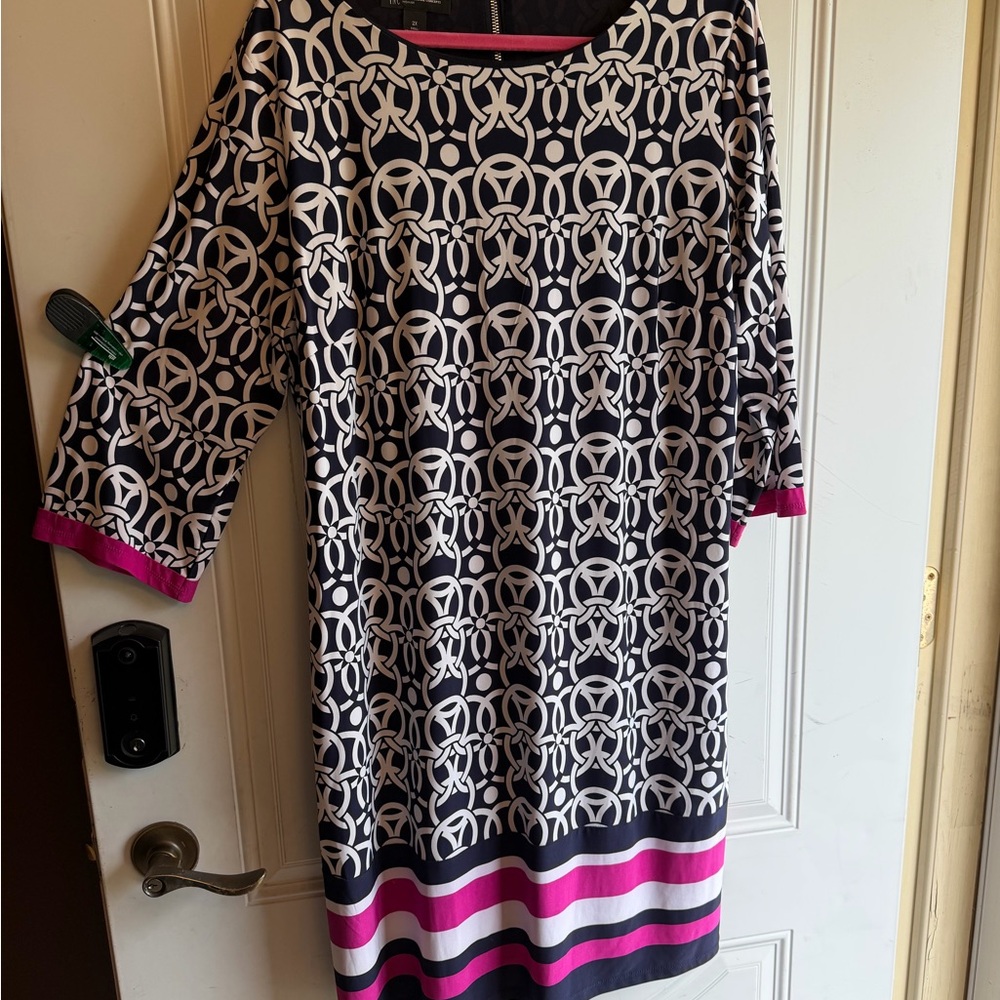 INC International Concepts Black & White Geometric Dress with Pink Trim